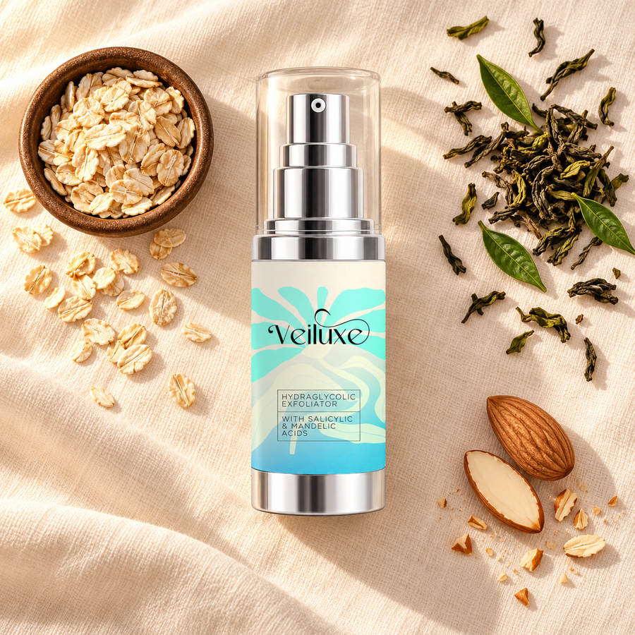 Veiluxe HydraGlycolic Exfoliator, with its key ingredients