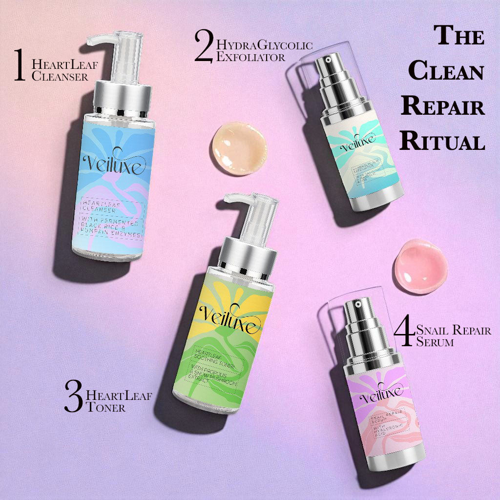 Veiluxe skincare products with a 'The Clean Repair Ritual' title on a gradient background