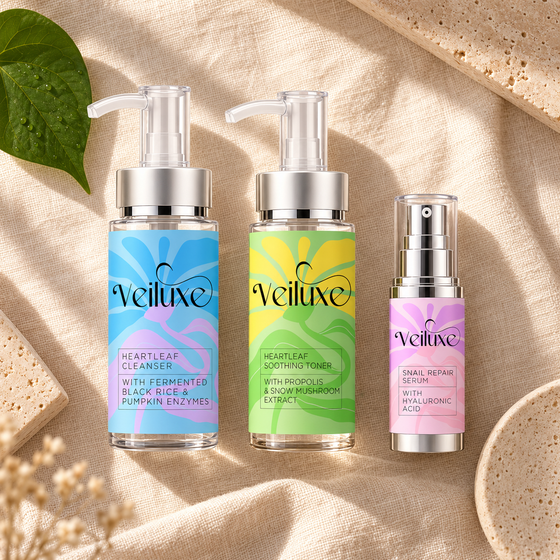 Cleanser, toner and snail serum on linen