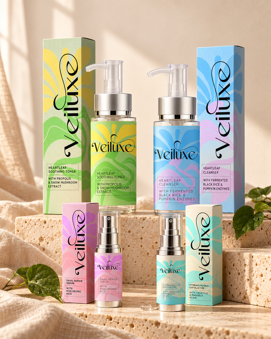 The Veiluxe skincare collection with boxes on sunlit stone