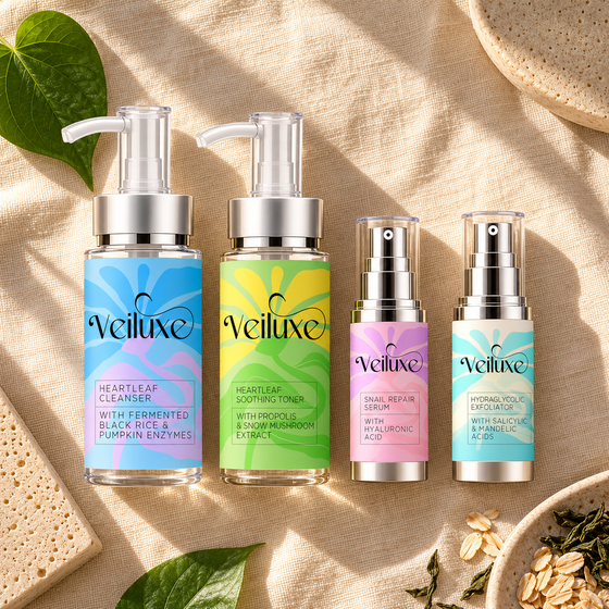 Cleanser, toner, snail serum and exfoliator flat lay