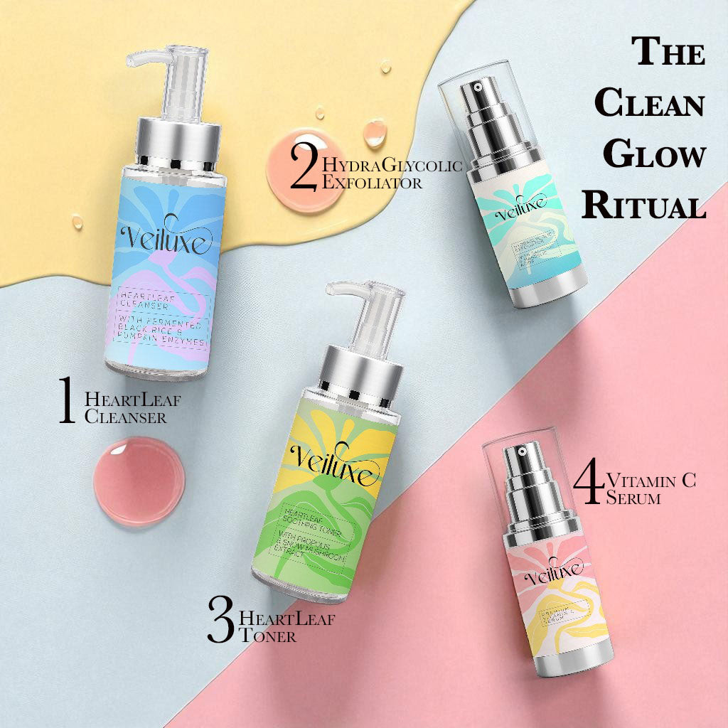 Veiluxe Clean Glow Ritual with Heartleaf Cleanser, HydraGlycolic Exfoliator, HeartleafToner and Vitamin C Serum