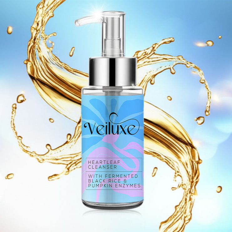 Veiluxe bottle with gold liquid splashes on a blue background