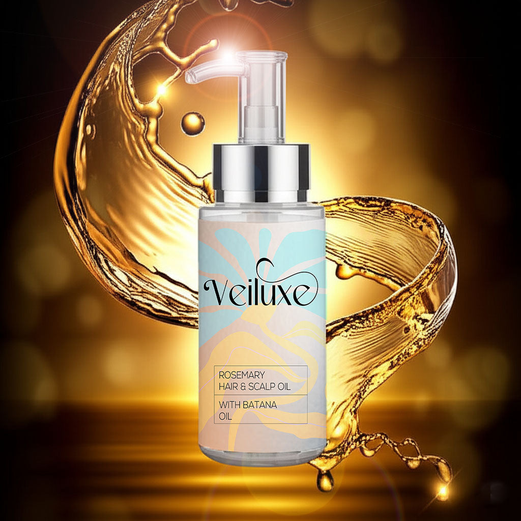Veiluxe hair and scalp oil bottle with golden liquid effects on a dark background