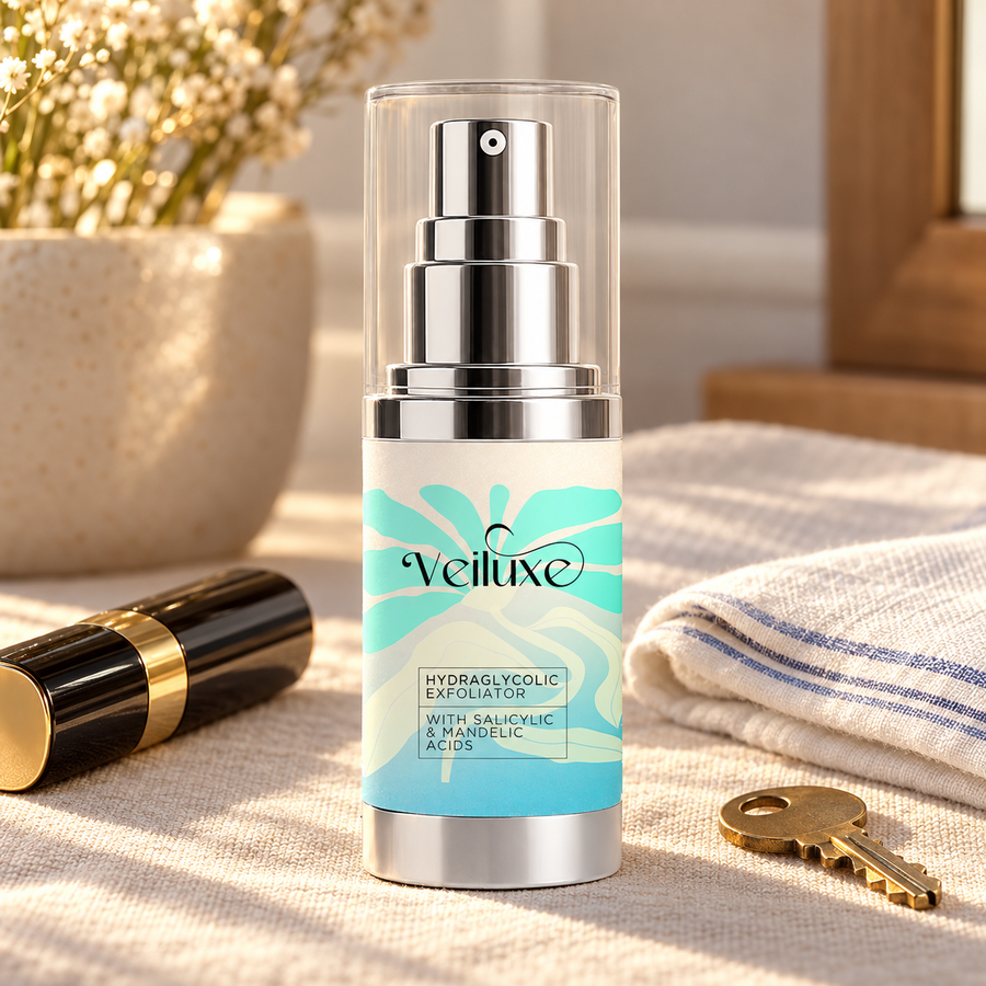 Veiluxe HydraGlycolic Exfoliator, true size next to everyday objects