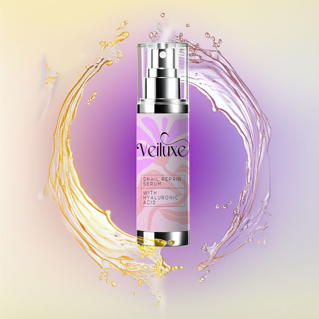 Veiluxe Snail Repair serum bottle with golden and purple splashes