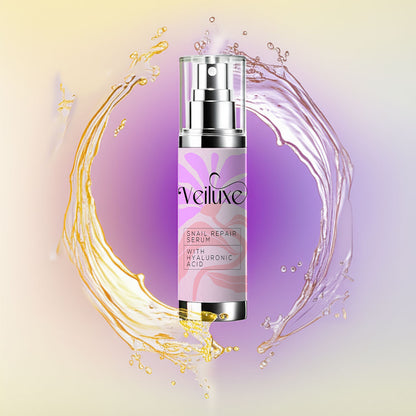Veiluxe Snail Repair serum bottle with golden and purple splashes