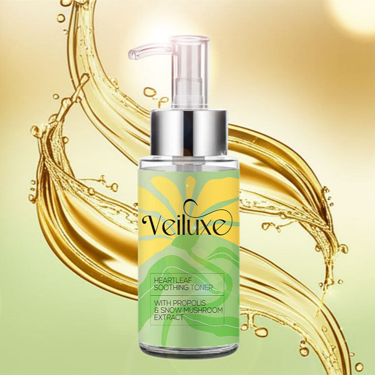 Veiluxe bottle of heartleaf soothing toner with a gold and green background
