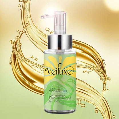 Veiluxe bottle of heartleaf soothing toner with a gold and green background