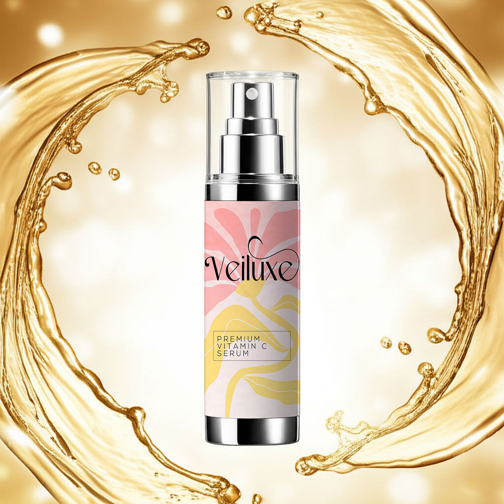 Veiluxe Vitamin C serum bottle with gold liquid splashes on a light background